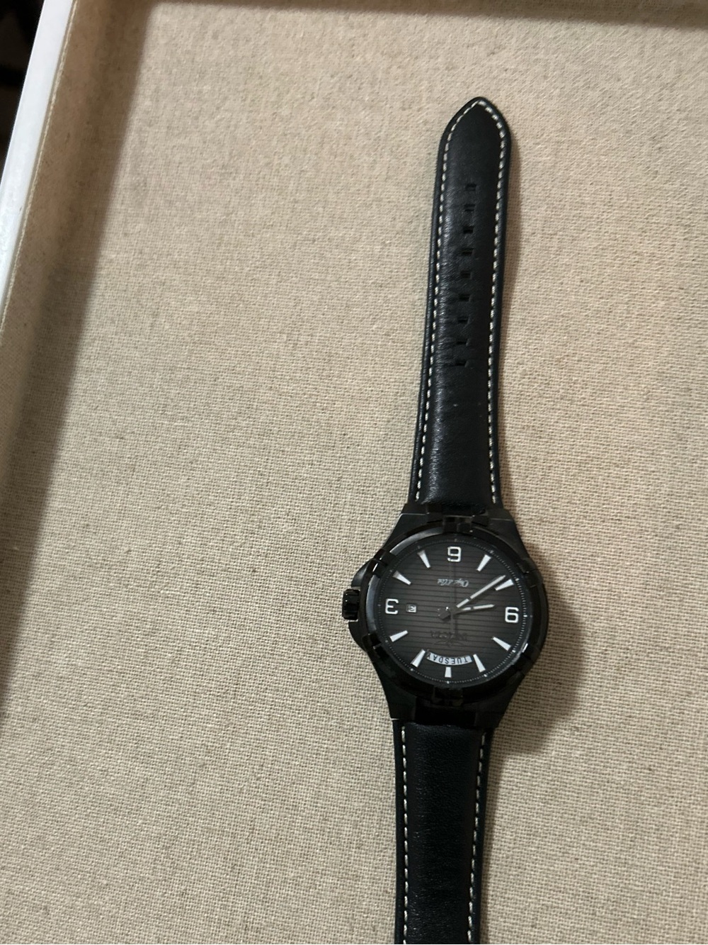 Black Men’s Day-Date Wristwatch with Leather Strap - Picture 2 of 8